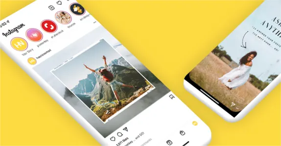 Two mobile phones with Instagram open, featuring an Instagram post template design and an Instagram Story template design, both chosen from PicMonkey's Instagram templates collection.