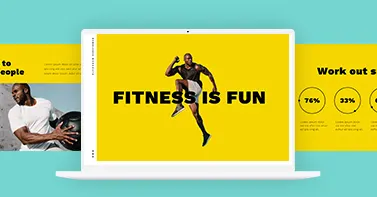 A fitness-themed presentation template with yellow background, open on a laptop. 